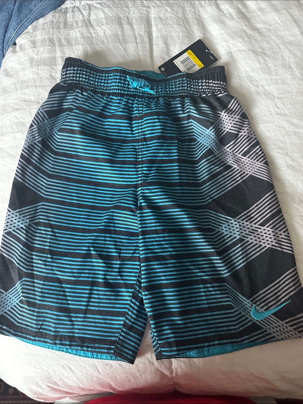Nike Youth Geometric Stripe Athletic Shorts in Teal and Black